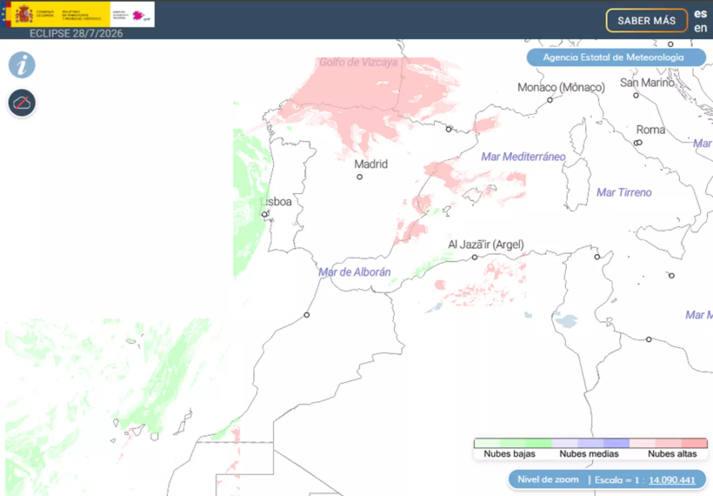 Ejemplo de visualización del visor interactivo del pronóstico de nubosidad desarrollado a partir de los modelos de la Agencia Estatal de Meteorología